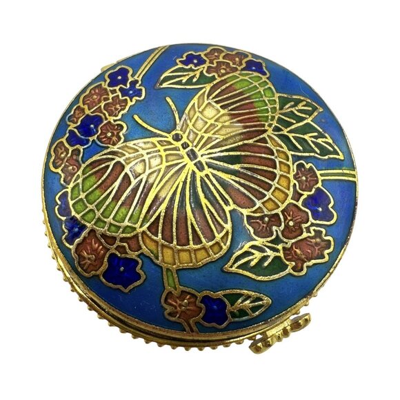 Vtg Cloisonné Round Blue Enamel Butterfly Floral Hinged Trinket Pill Box 2” - Picture 1 of 7